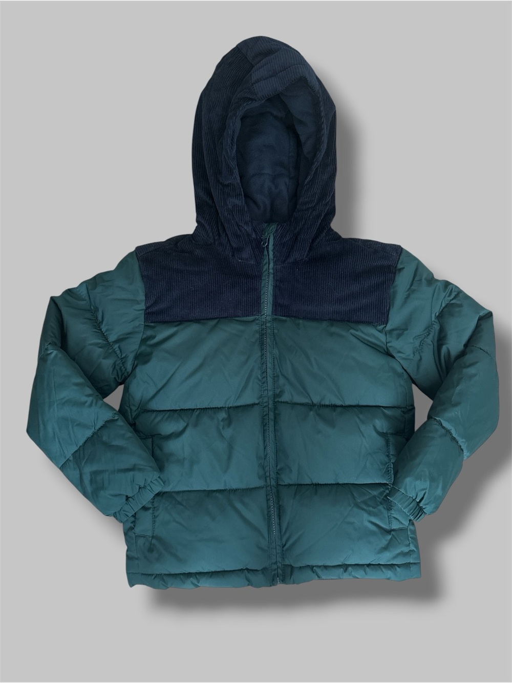 Old Navy Size 8 Deep Navy Blue Corduroy Forest Green Color Block Puffer Jacket